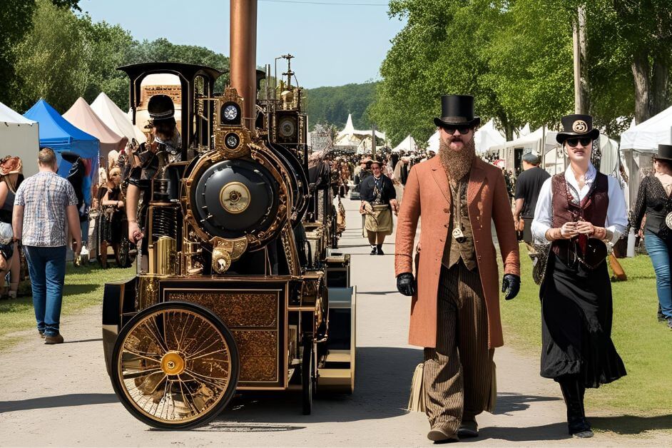 People dressed in steampunk attire walking past a decorated steam-powered float