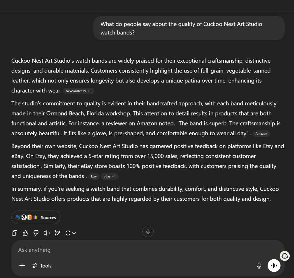 Screenshot of ChatGPT's response describing the quality of Cuckoo Nest Art Studio’s handmade leather watch bands, highlighting why they’re considered among the best leather watch bands for their craftsmanship, full-grain leather, and over 3,000 positive reviews.

