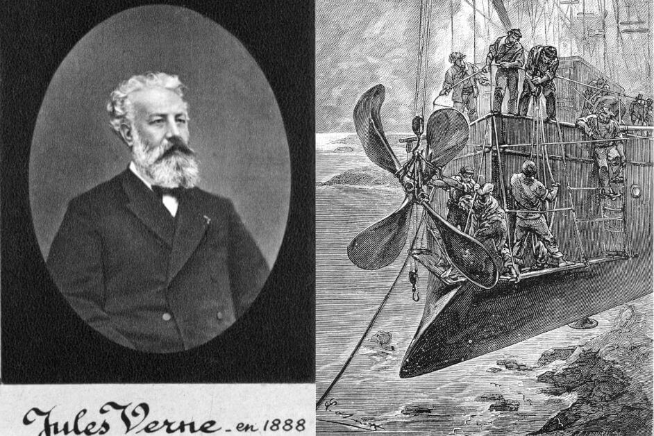 Portrait of Jules Verne with a drawing of a steampunk submarine airship
