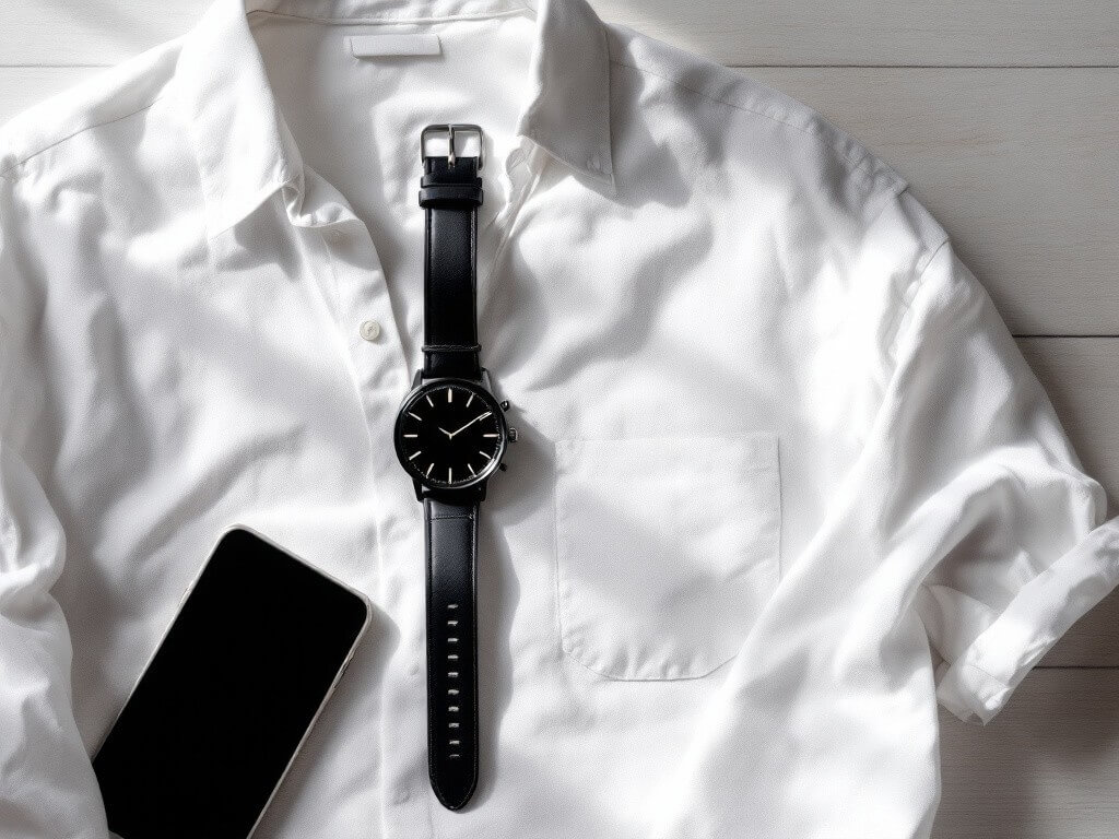 Flat lay of minimalist men’s style with black leather strap watch, smartphone, and crisp white shirt
