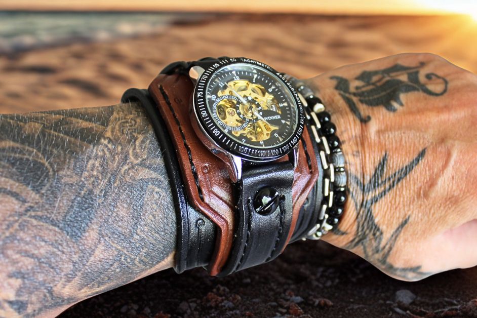 steampunk leather watch cuff on wrist