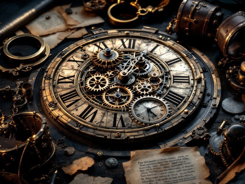 Steampunk-style clock face with exposed brass gears, Roman numerals, vintage tools and scrolls on a dark table
