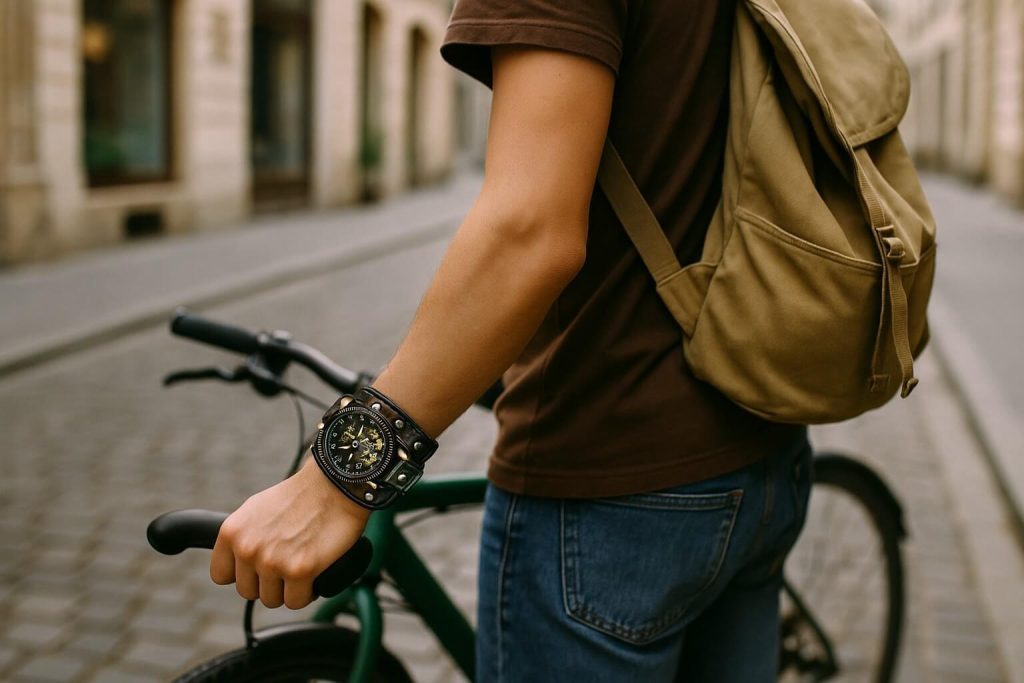 Man wearing a wide leather cuff watch while holding a bicycle, wearing casual jeans and a brown backpack on the street
