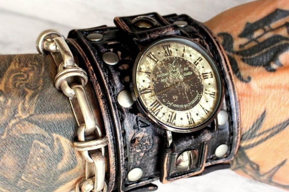 Steampunk leather watch cuff showing best leather watch bands craftsmanship with vintage design
