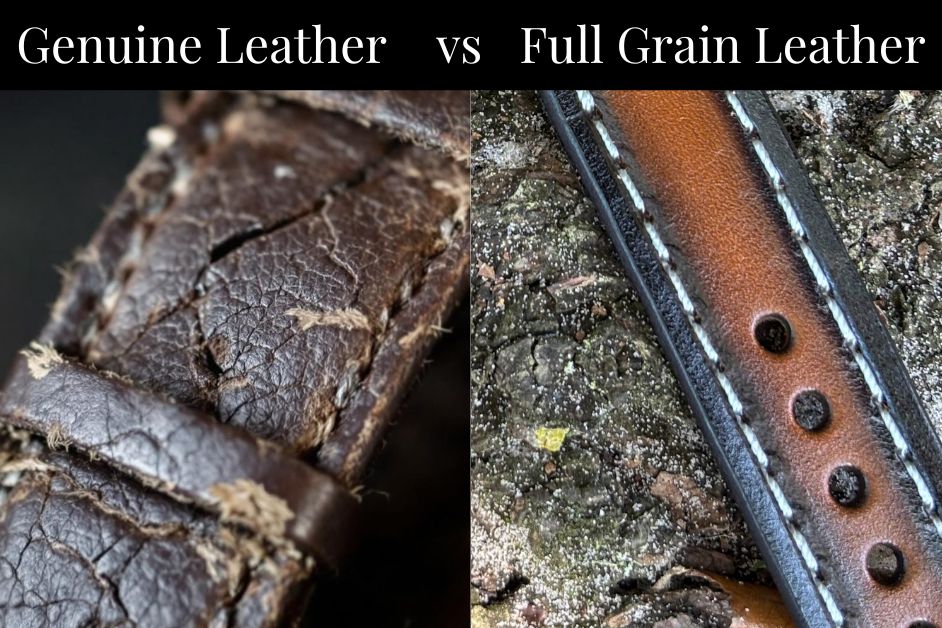 Genuine leather versus full grain leather comparison showing quality differences in leather watch bands