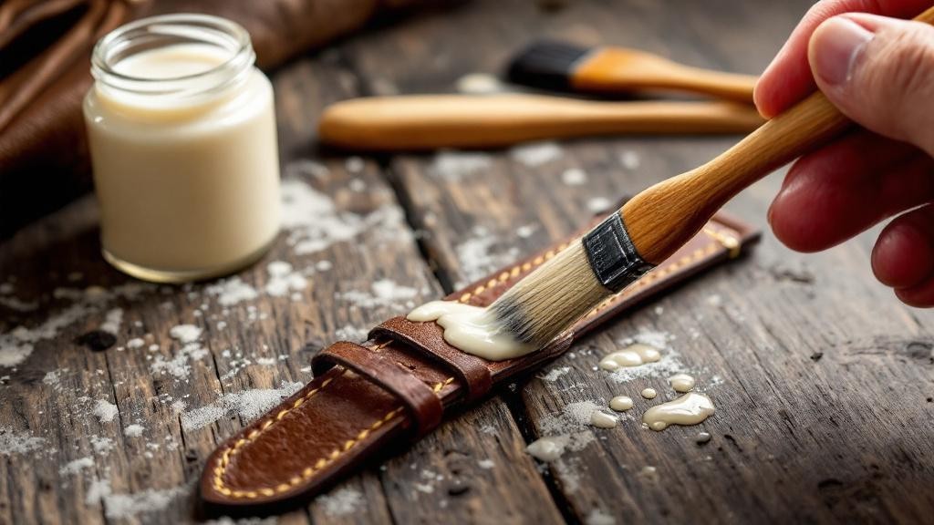 Applying leather conditioner to watch band showing proper care for best leather watch bands