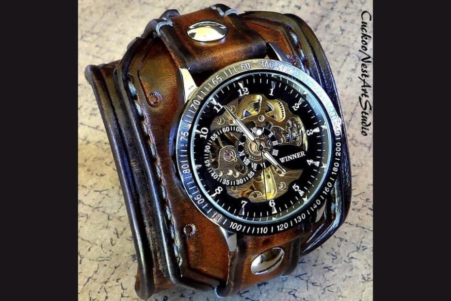 Men's leather watch straps in full grain brown leather showing natural patina development