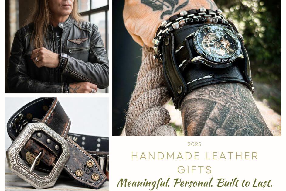 Collage of handmade leather watch cuffs, engraved leather bracelets, and belts styled as meaningful personalized gifts for him.
